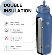 Isolierte Wasserflasche mit Strohhalm, Sport-Edelstahl, 1,2