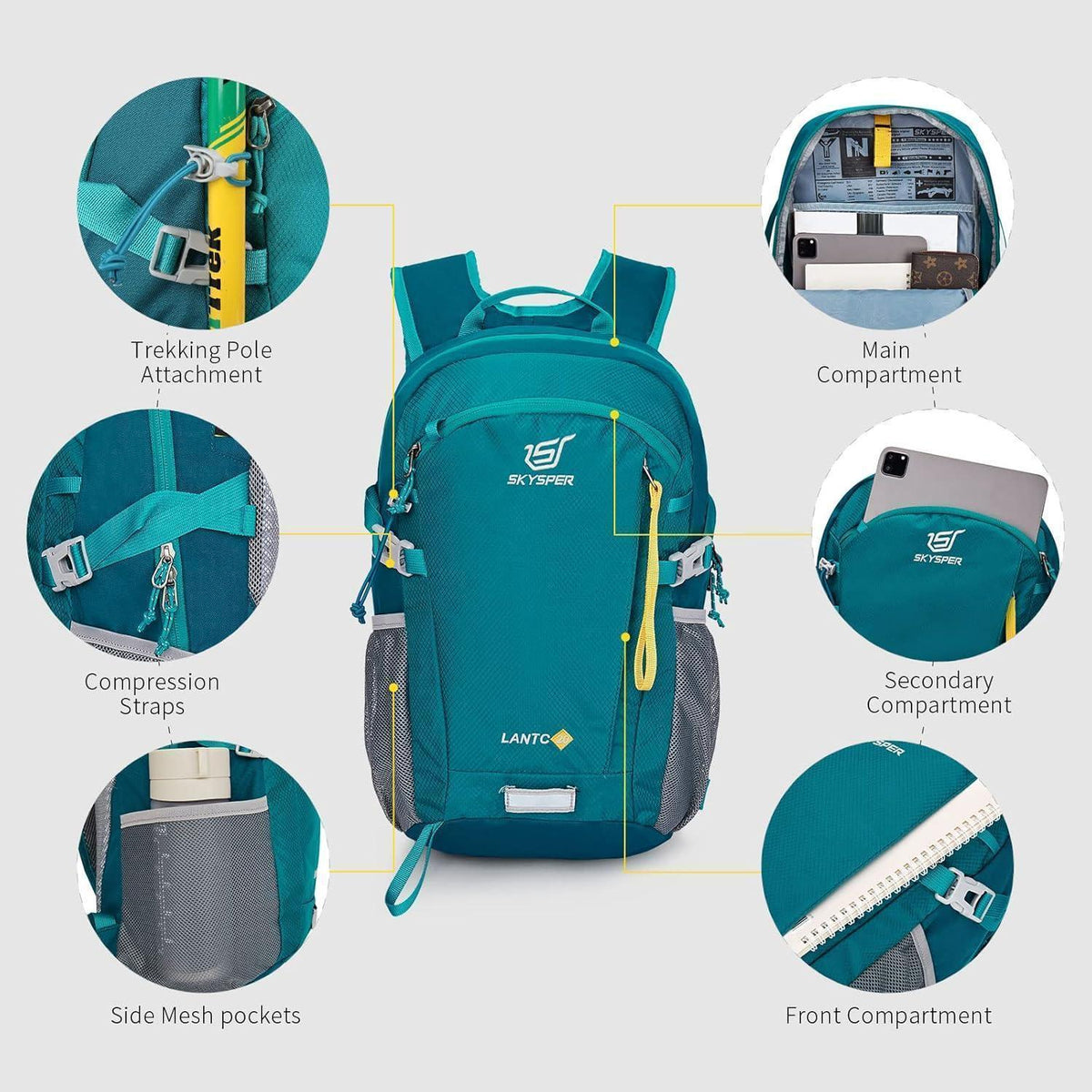 Leichter Wanderrucksack 20L mit Rückenbelüftung & Notfallguide Cyan