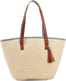 Strohtasche Damen Geflochten Korbtasche Stroh Handtasche Beige