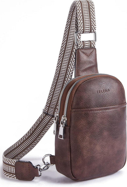 Telena Damen Bauchtasche Crossbody Bag PU Leder Kaffee