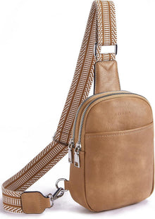 Telena Damen Bauchtasche Umhängetasche Crossbody PU Leder hellbraun