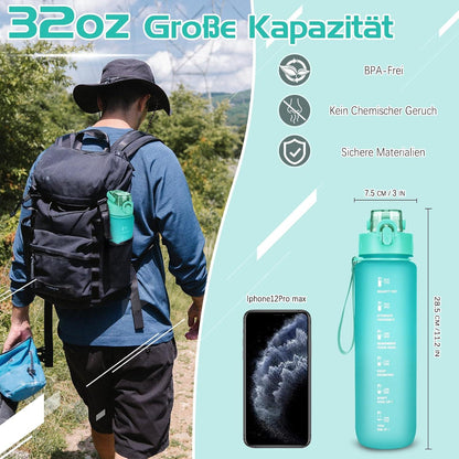 Trinkflasche 1l BPA-frei Sport Zeitmarkierung Fitness Büro Schule Yoga