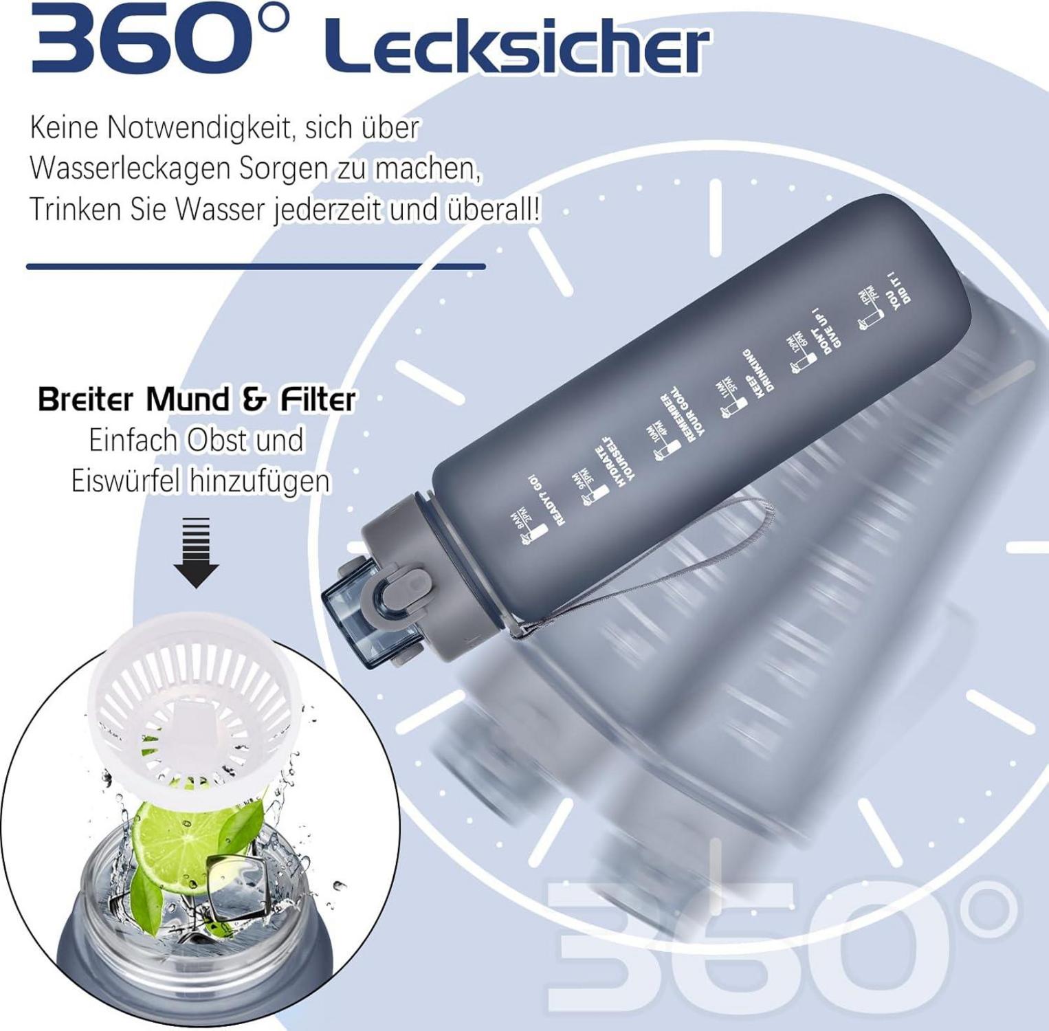 Sport Trinkflasche 1l BPA-Frei Auslaufsicher Zeitmarkierung