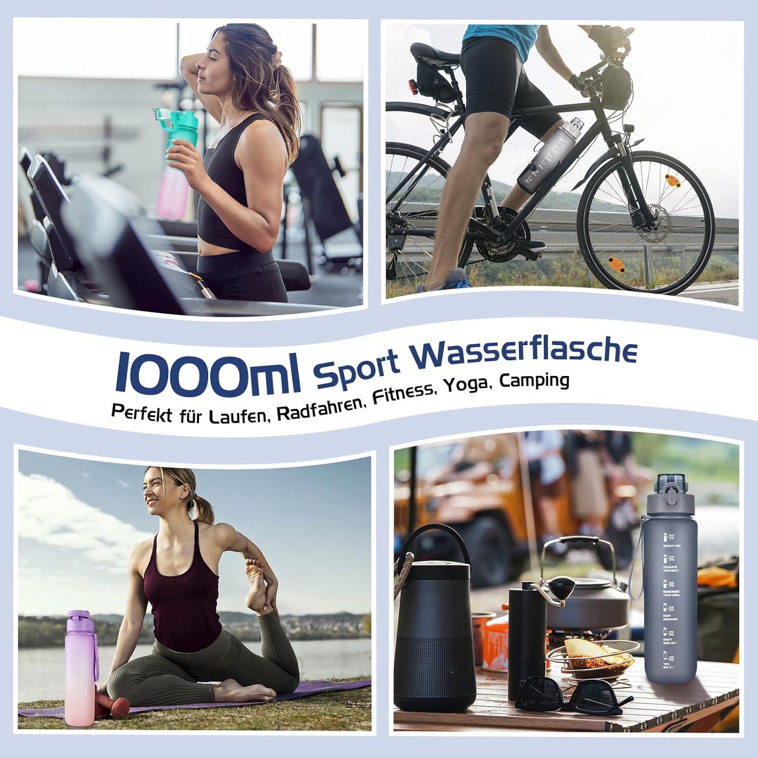 Trinkflasche 1l BPA-frei Auslaufsicher Sportflasche Zeitmarkierung Grey