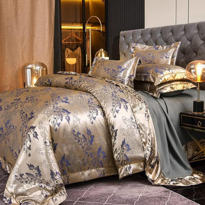 Satin Bettwäsche Set 220x240 Gold Blau Jacquard