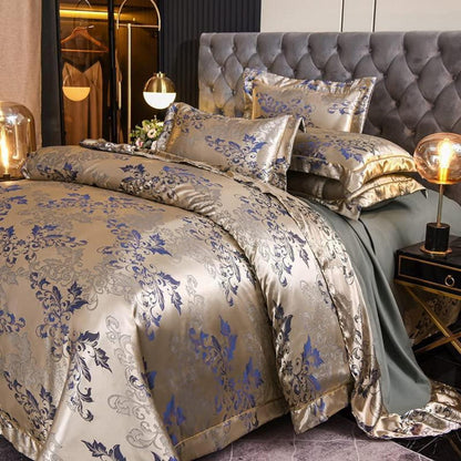 Satin Bettwäsche Set 220x240 Gold Blau Jacquard