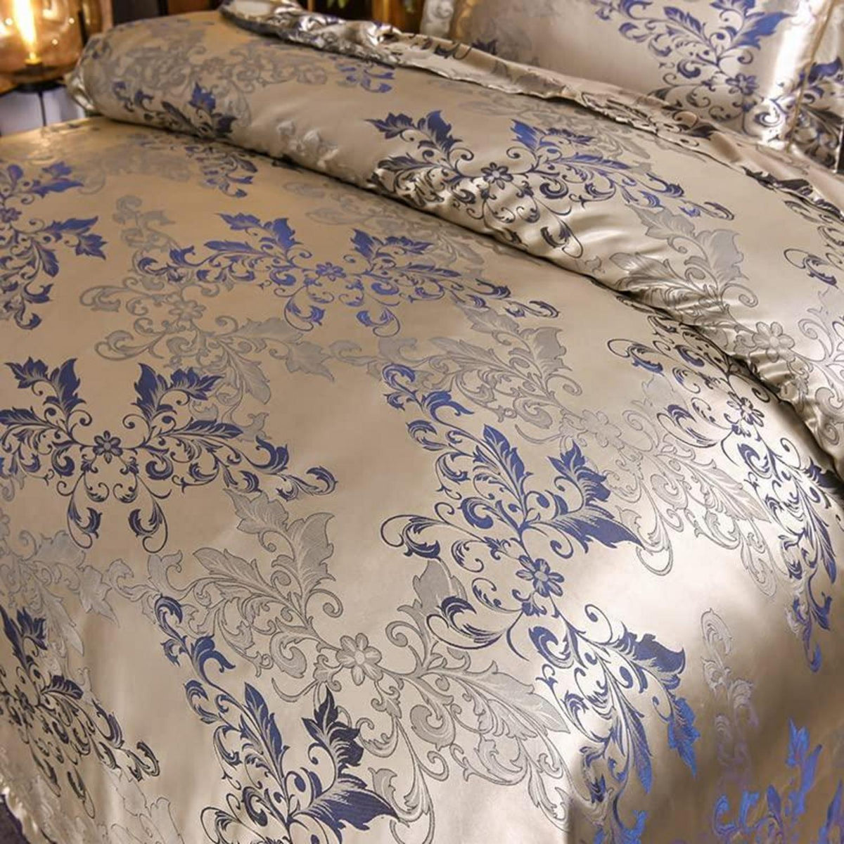 Satin Bettwäsche Set 220x240 Gold Blau Jacquard