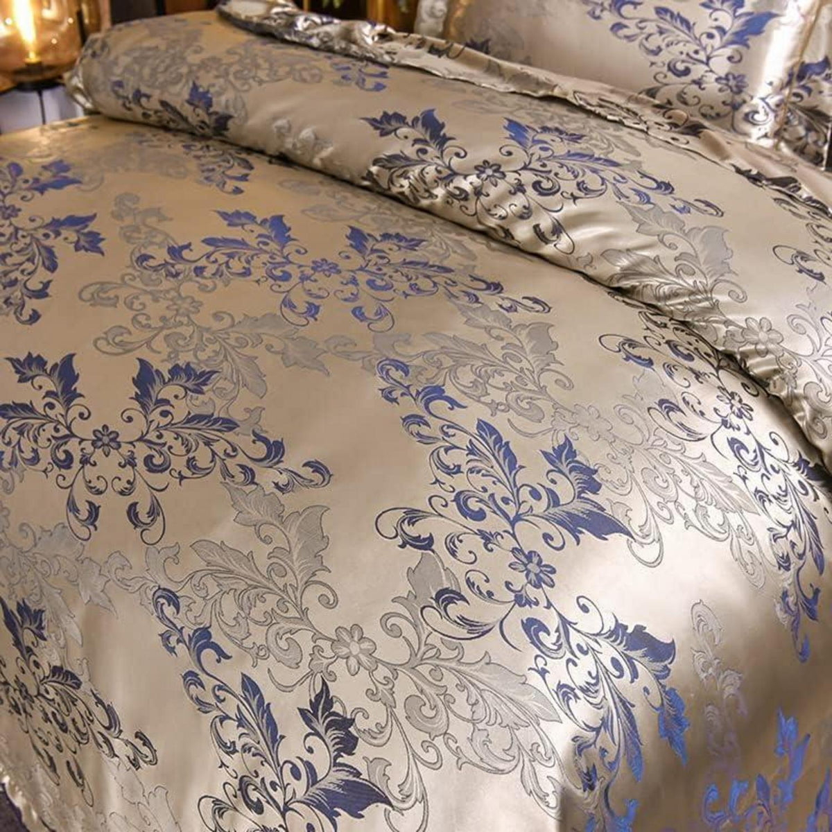 Satin Bettwäsche Set 135x200 Blumen Gold Blau Barock