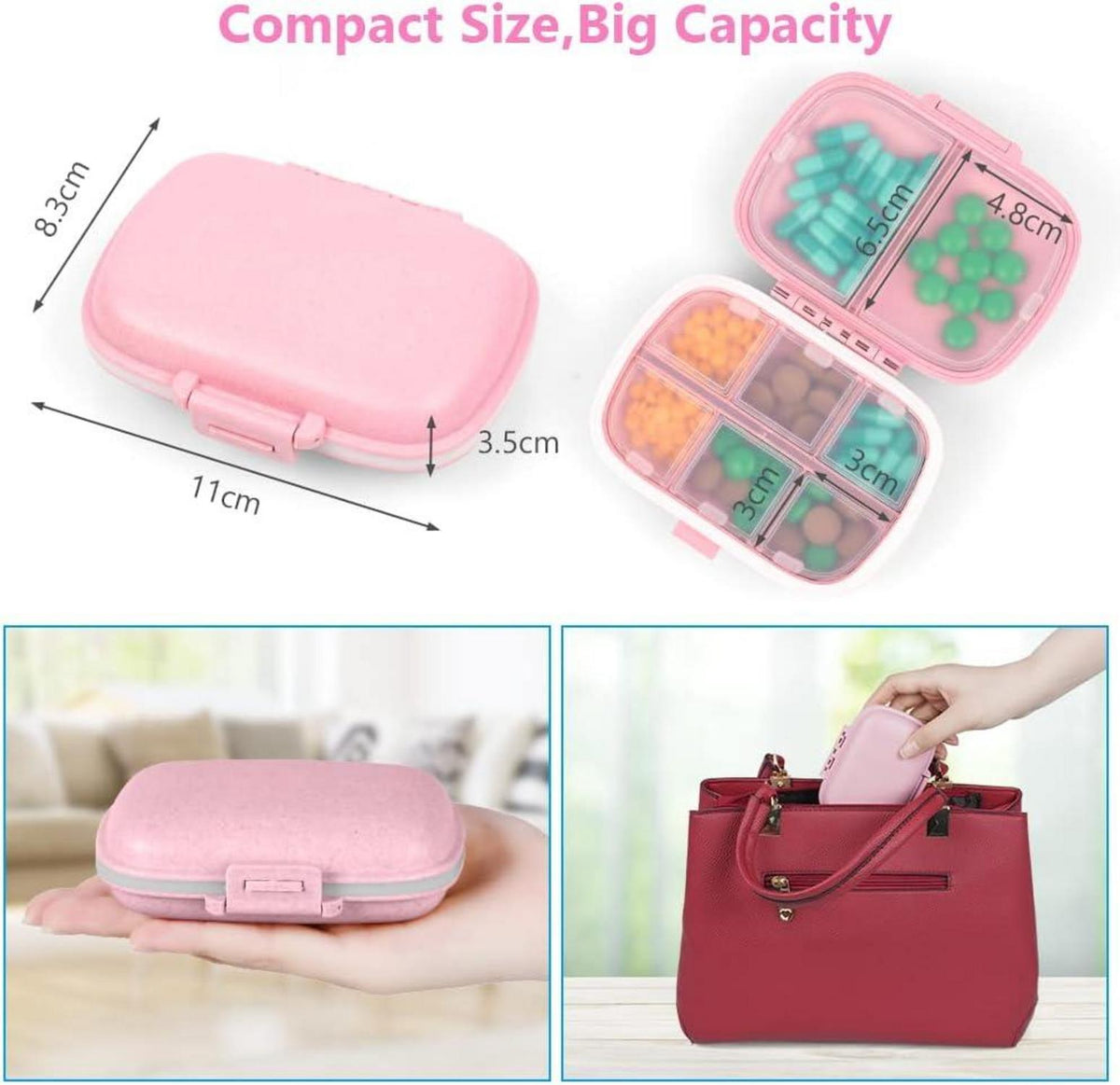 Tablettenbox 7 Tage Pillendose 8 Fächer BPA Frei Rosa