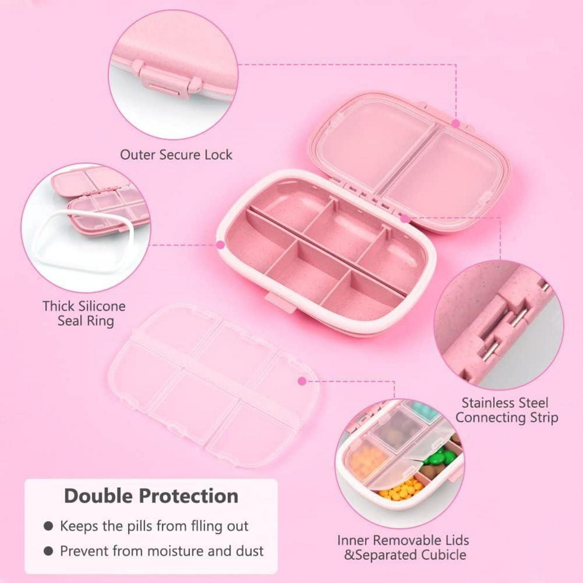 Tablettenbox 7 Tage Pillendose 8 Fächer BPA Frei für Medikamente Vitamine Fischöl Hygienisch Rosa