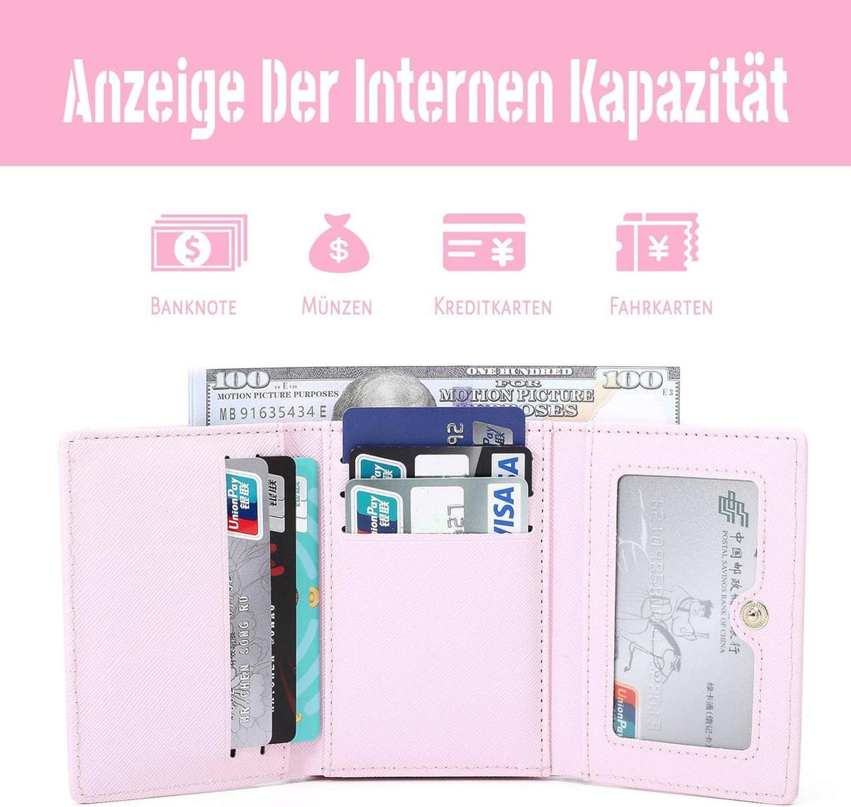 Geldbörse Damen Klein PU Leder mit Münzfach 7 Kartenfächer Rose