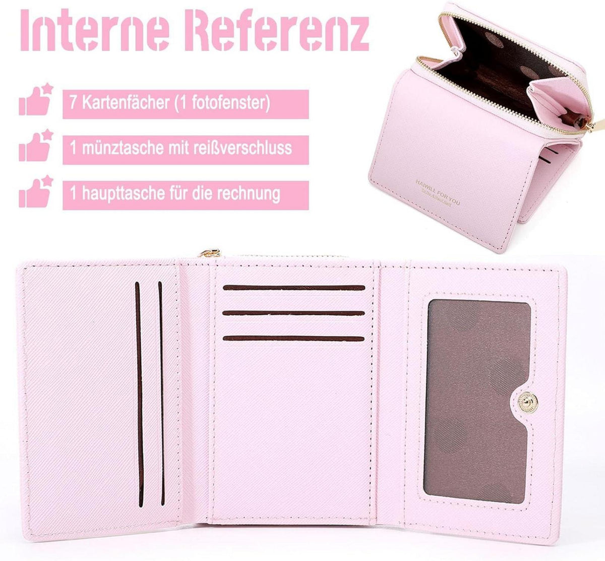 Damen Geldbörse Klein PU Leder Münzfach 7 Kartenfächer Saffiano Rose