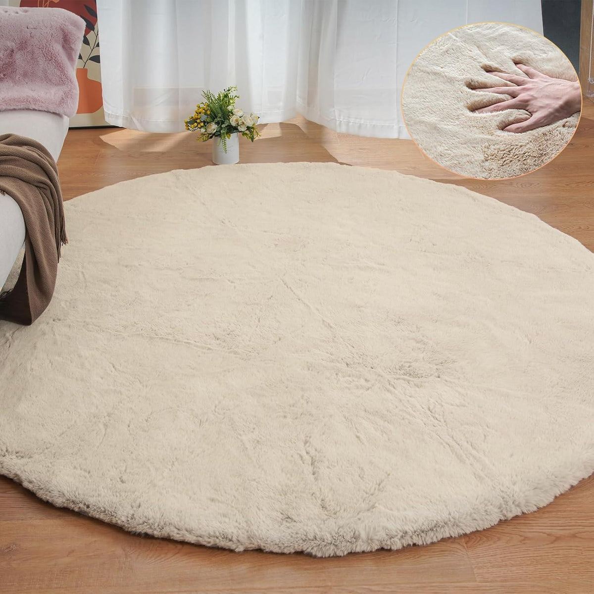 Runder Kunstfell Teppich 240 cm Beige – Flauschig & Weich