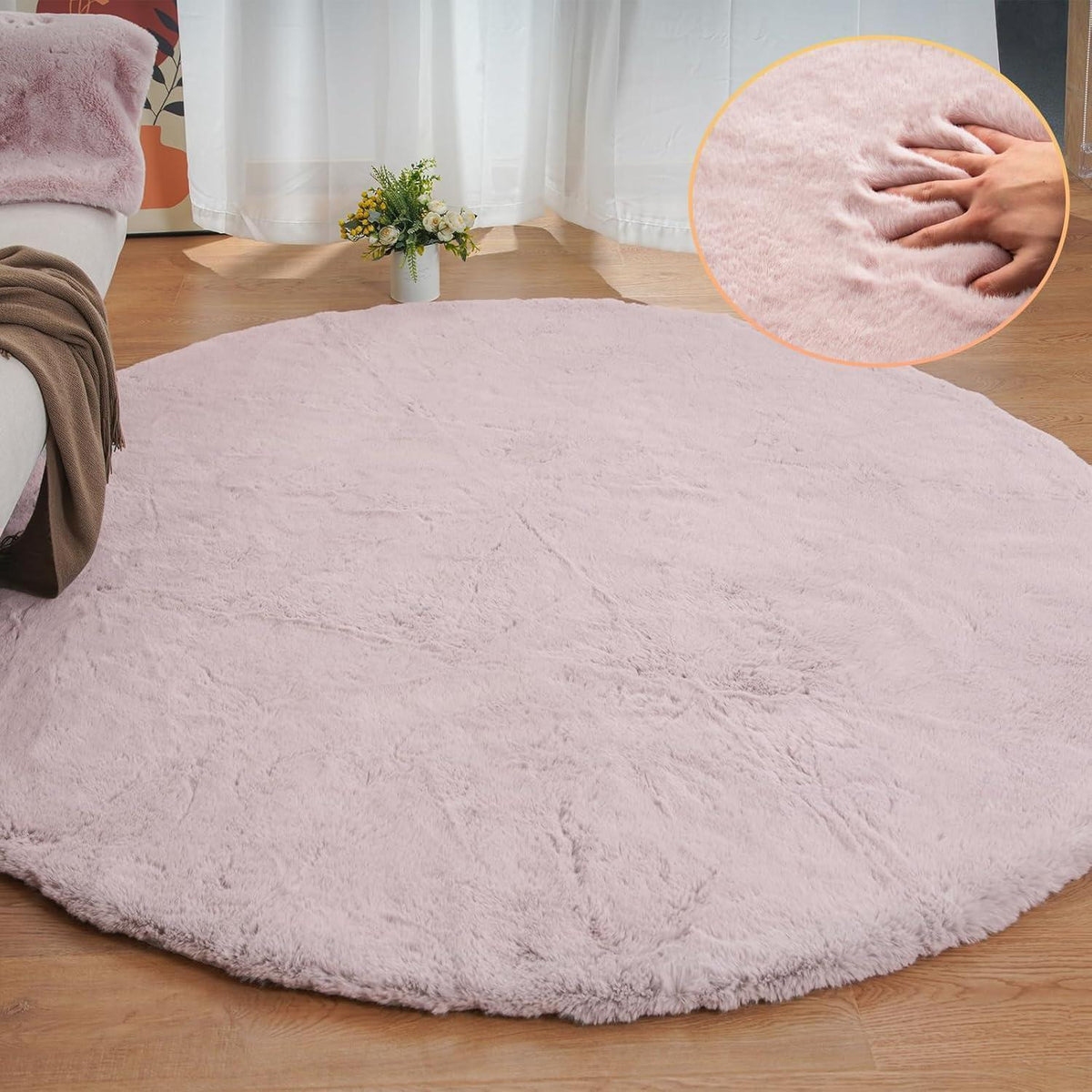 Runder Flauschteppich Rosa 240 cm – Weicher Kunstfell Teppich
