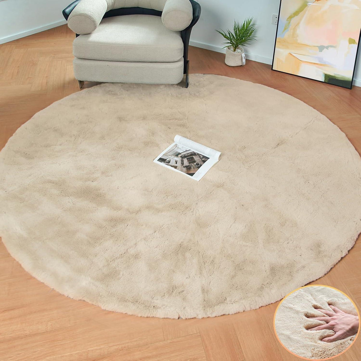 Runder Fellteppich Beige 150cm - Flauschiger Teppich für Schlafzimmer