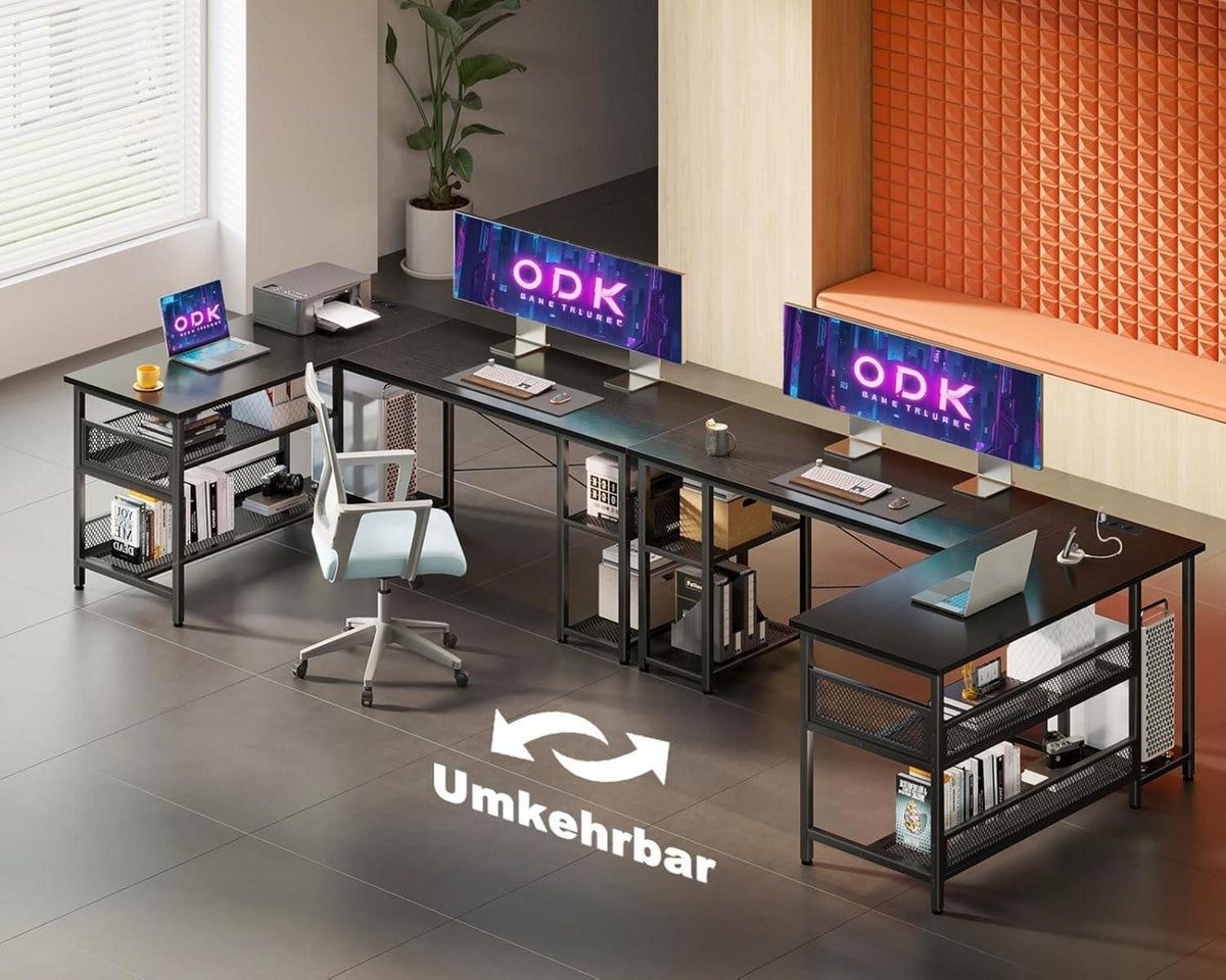 L-förmiger Gaming Schreibtisch Schwarz mit USB-Anschlüssen, Stauraum