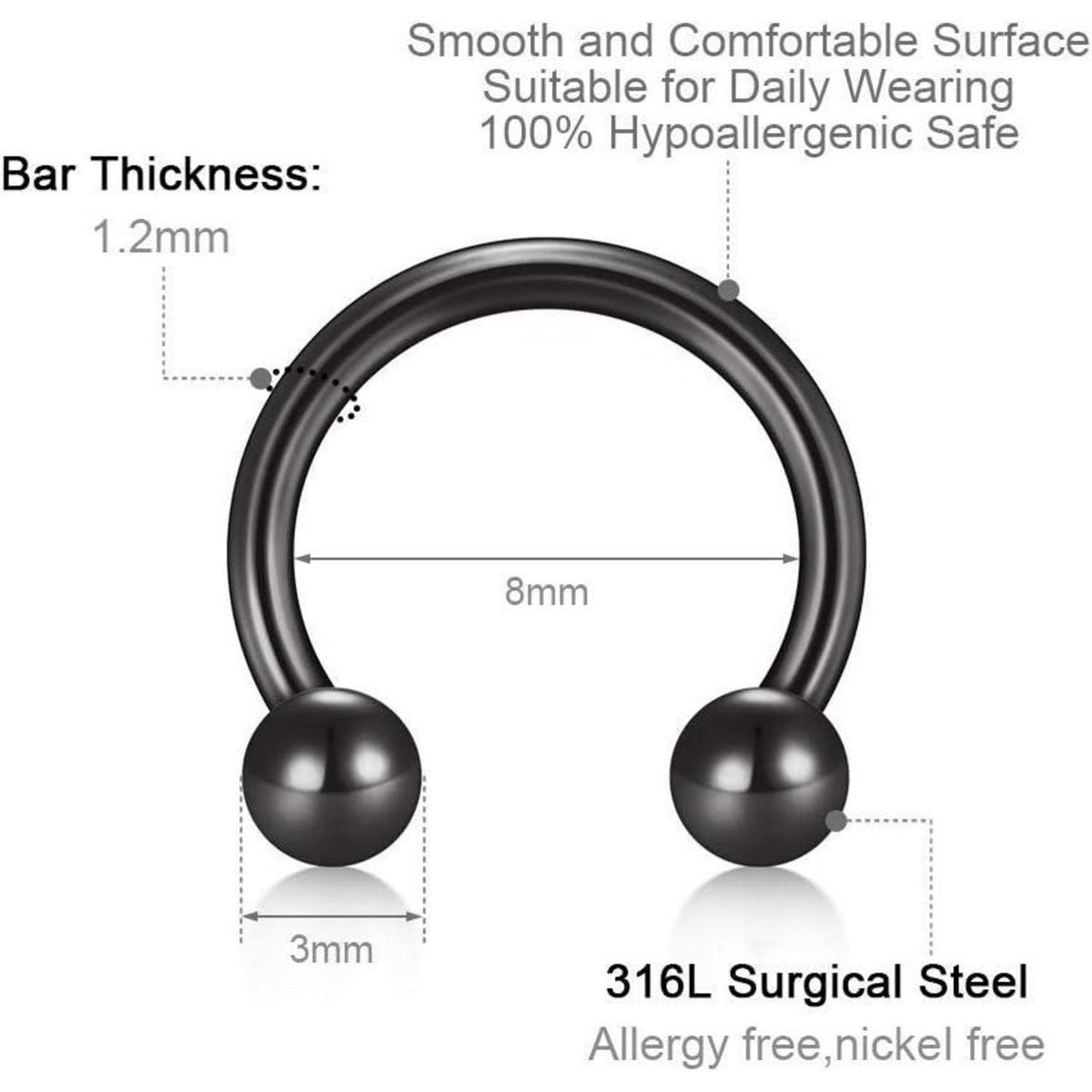 Hufeisen Nasenring Piercing Set 24tlg. Silber Schwarz Rosegold 16G