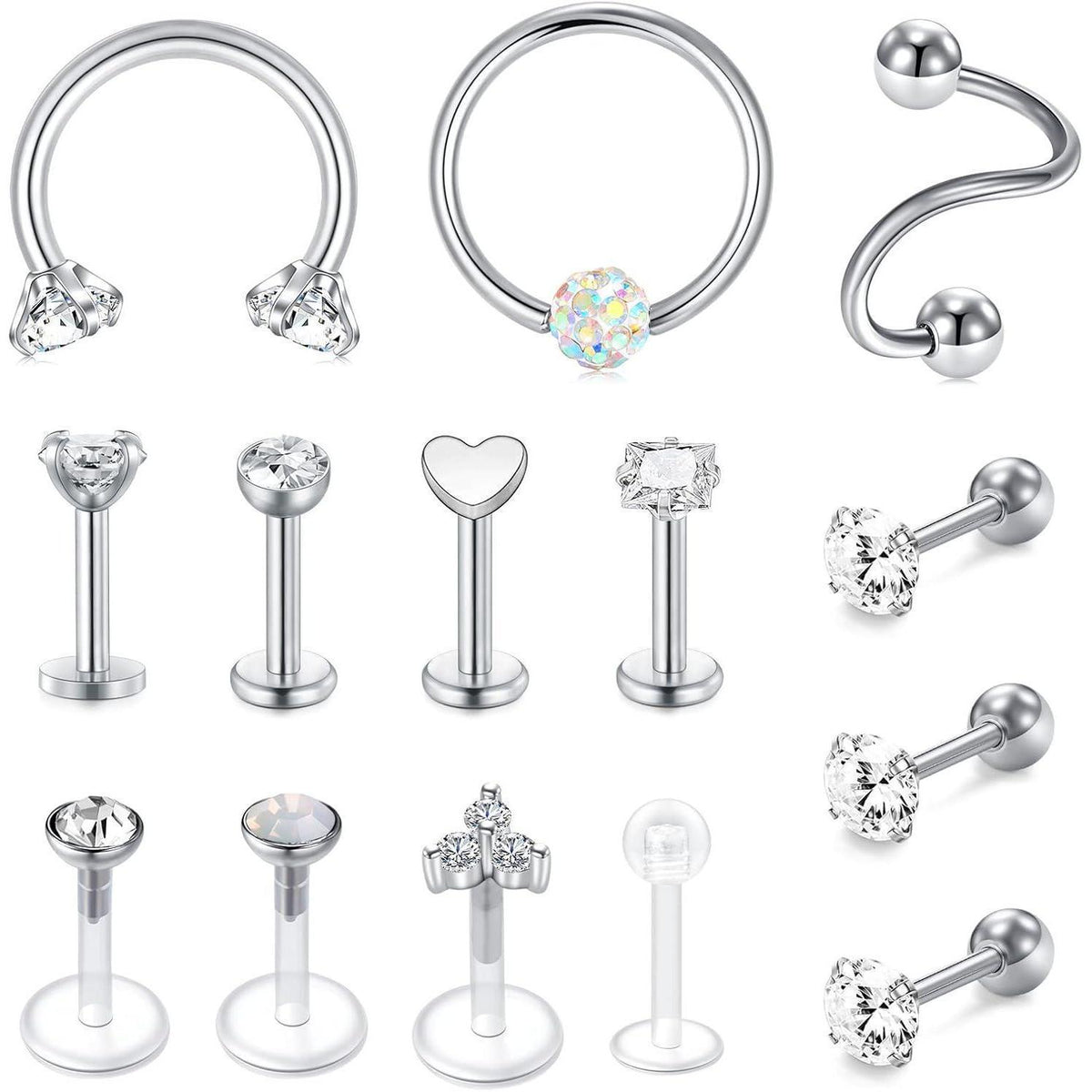 Chirurgenstahl Tragus Helix Piercing Set 14 Stück Silber