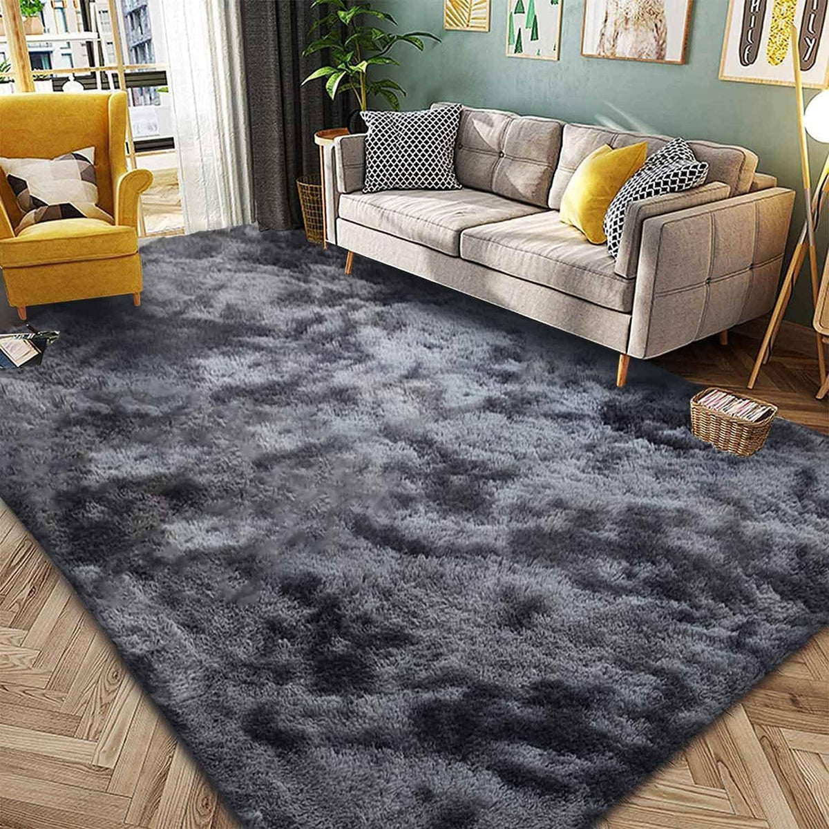 Flauschiger Teppich 250x300cm Rechteckig Schwarz Grau