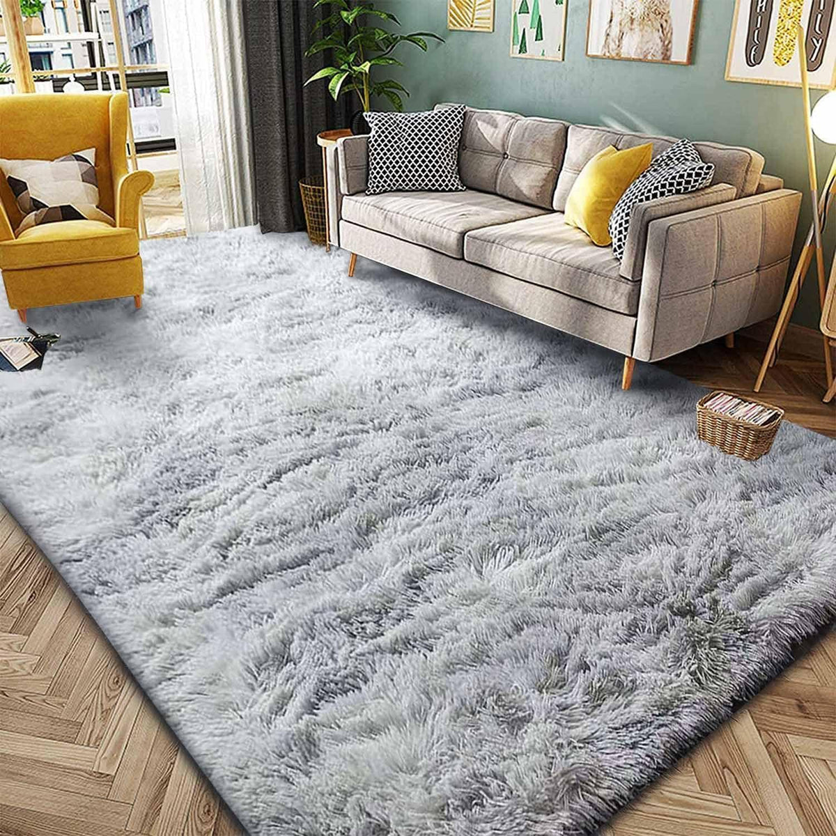 Flauschiger Hochflor Teppich Grau Weiß 250x300cm Rechteckig