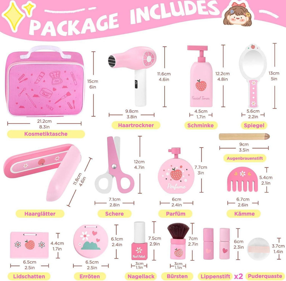 Holz Kinderschminke Friseur Beauty Set 16-teilig Mädchen Spielzeug ab 3 Jahre