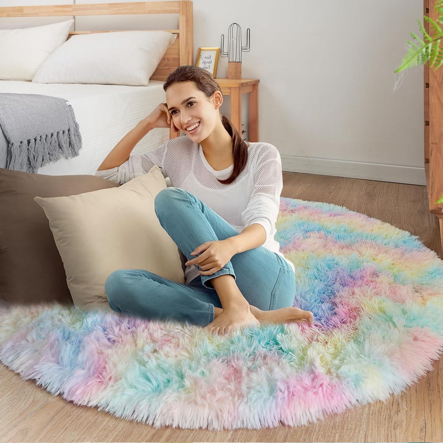 ROHATIM Runder Plüsch Teppich Regenbogen 120cm Durchmesser