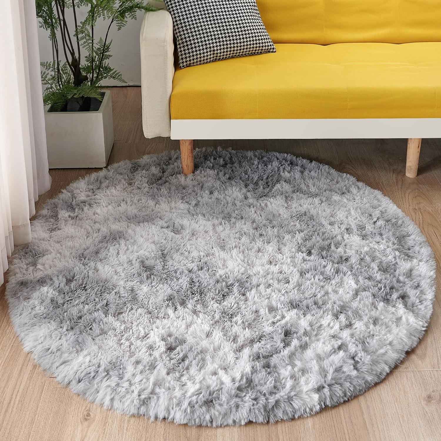 ROHATIM Plüsch Teppich Rund Wohnzimmer Schlafzimmer Mädchen 100x100 cm Rutschfest Hellgrau