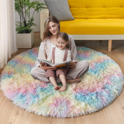 ROHATIM Runder Plüschteppich Regenbogen 100x100 cm - Weicher Teppich für Wohnzimmer und Schlafzimmer