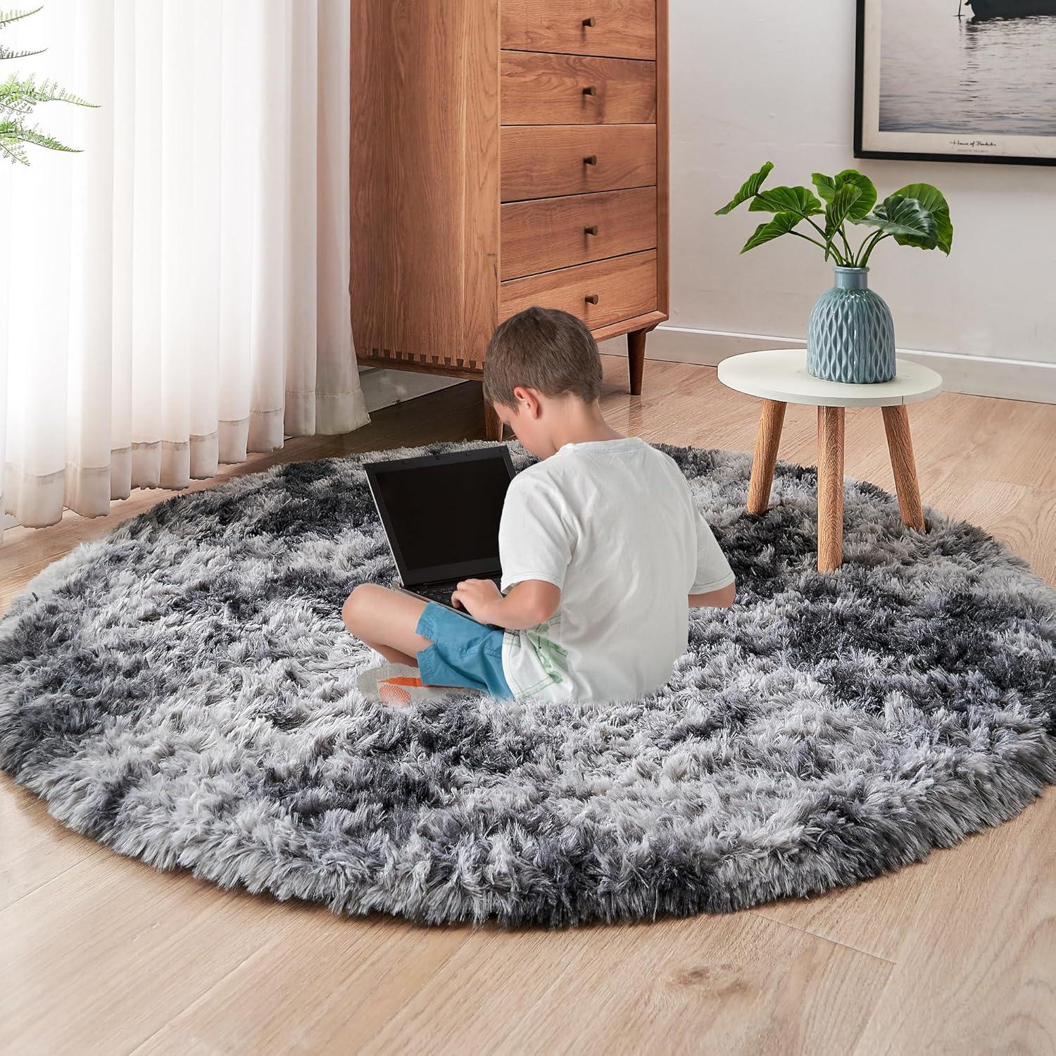 ROHATIM Plüschteppich Rund Dunkelgrau 150cm Wohnzimmer Kinderzimmer