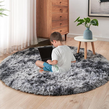 ROHATIM Plüschteppich Rund Dunkelgrau 150cm Wohnzimmer Kinderzimmer