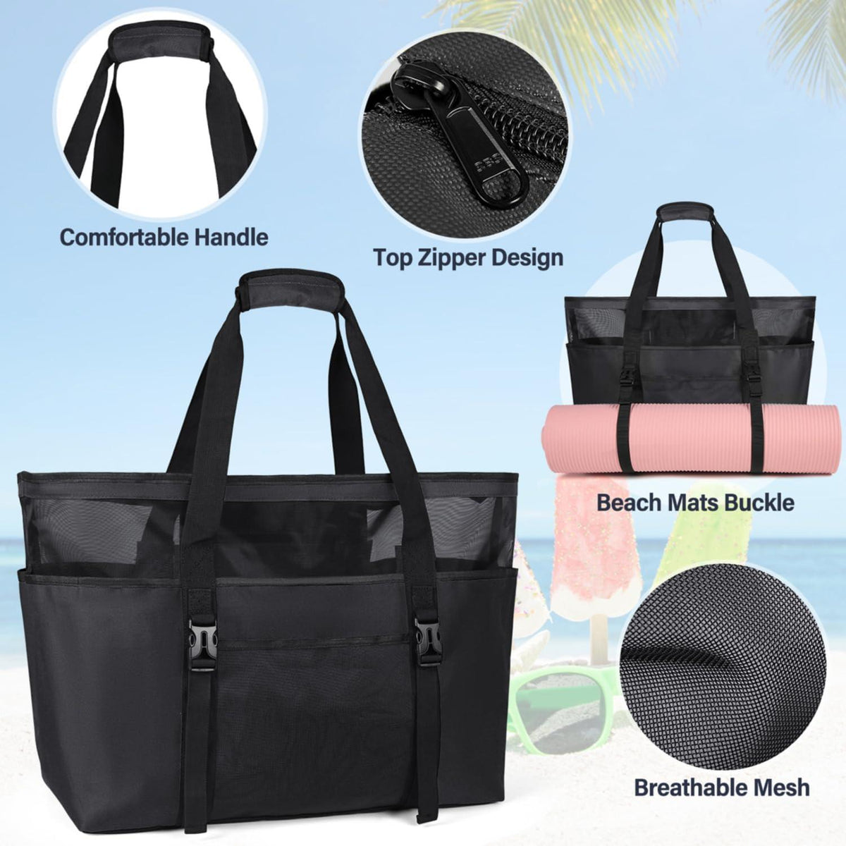 Strandtasche XXL mit Reißverschluss Wasserdicht Faltbar