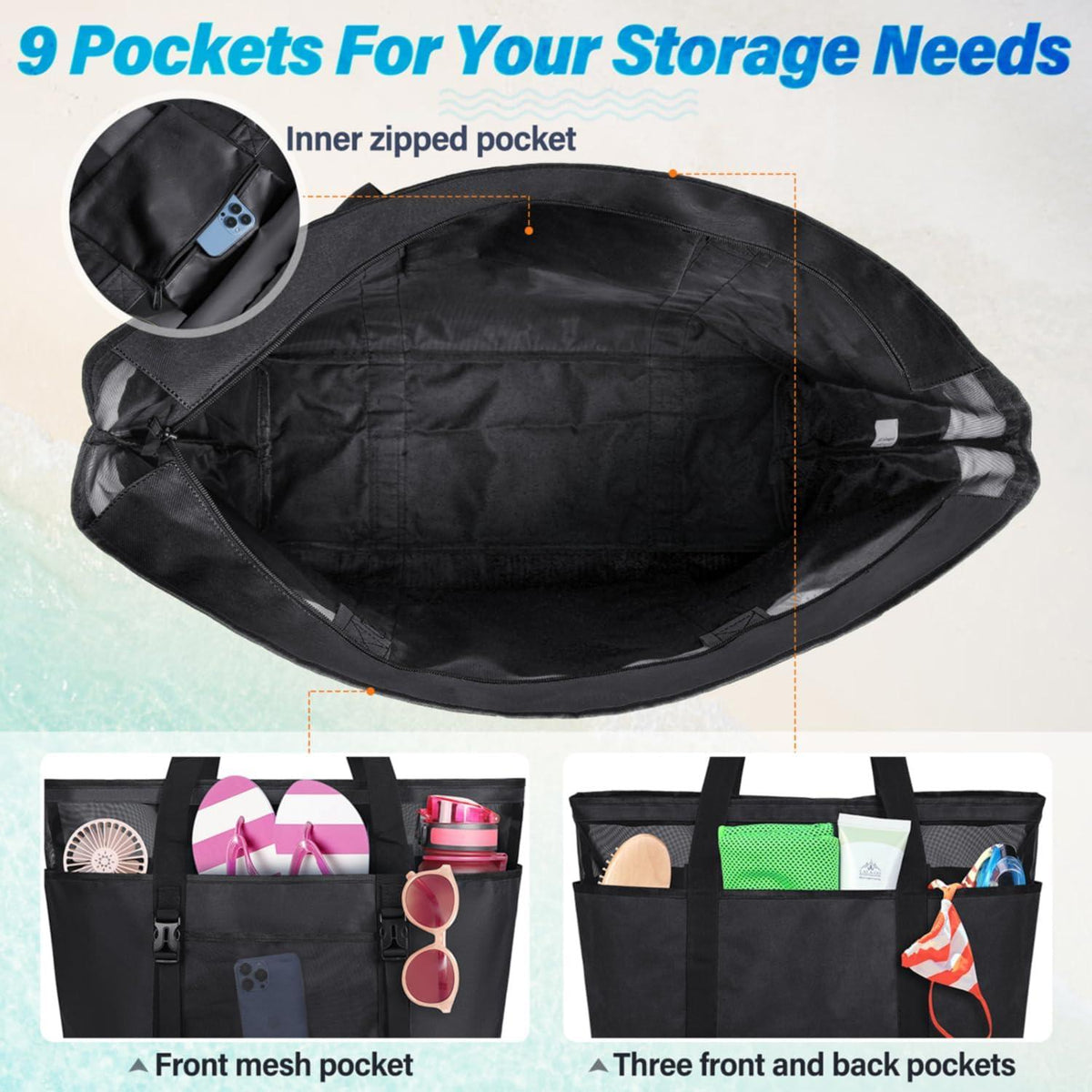 Strandtasche XXL Damen Badetasche Wasserdicht Mesh Beach Bag Schwarz