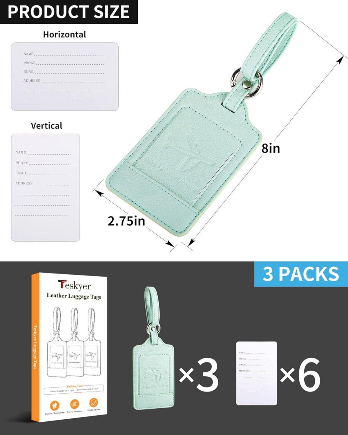 3er Set Kofferanhänger PU Leder Adressschild Reiseetikett Aqua Grün