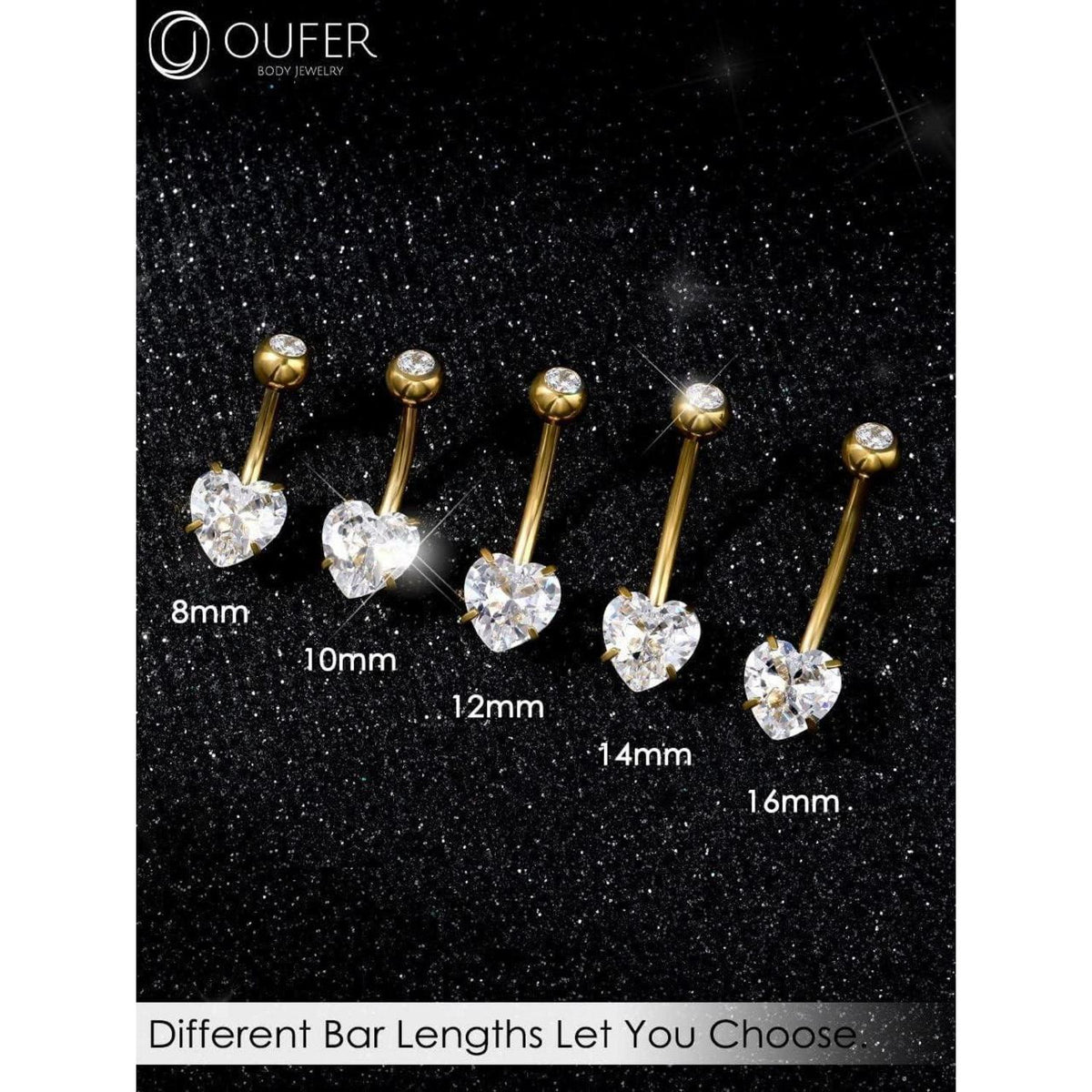 Bauchnabelpiercing Titan Herz mit Zirkonia, 14G 8mm Gold