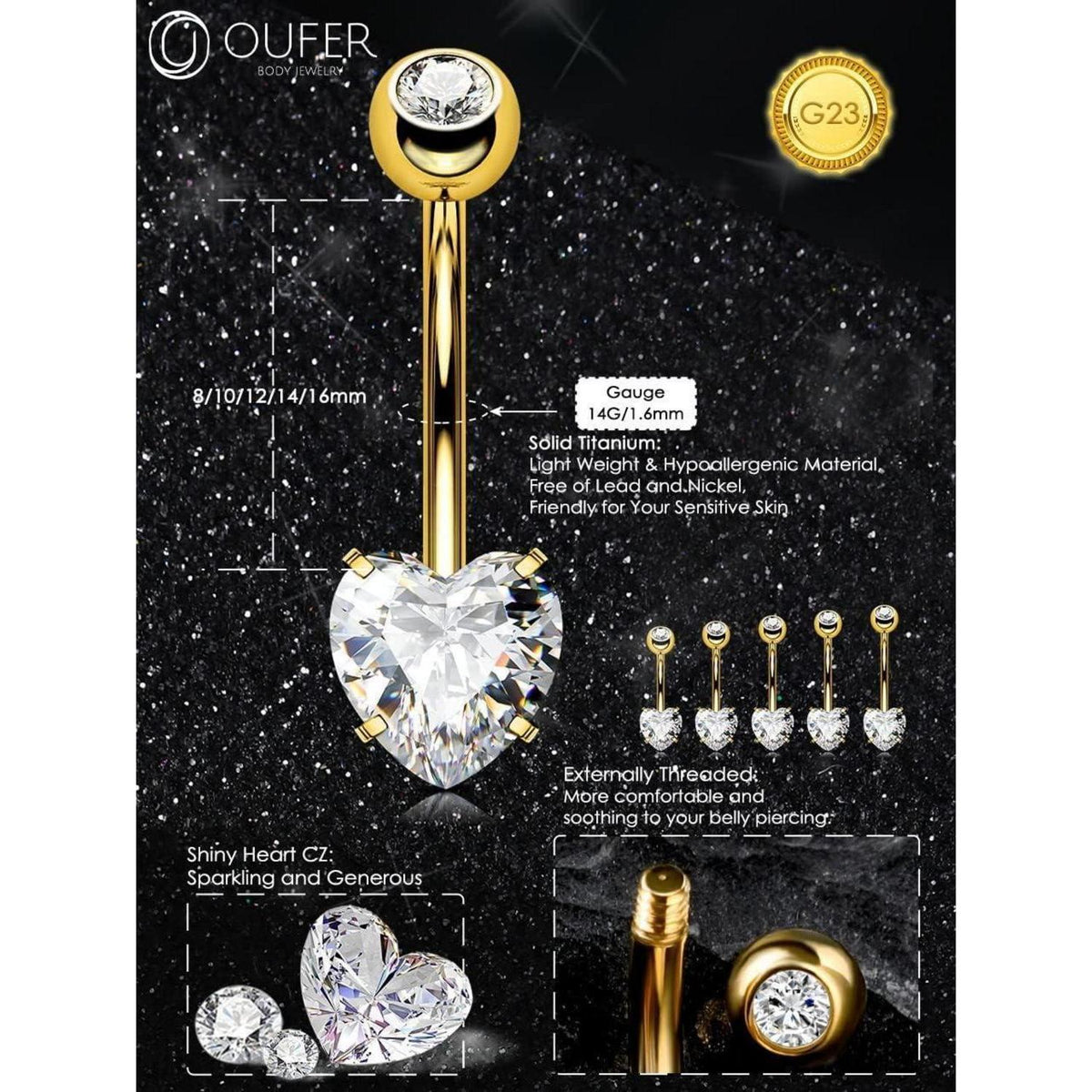 Bauchnabelpiercing Titan Herz mit Zirkonia, 14G 8mm Gold