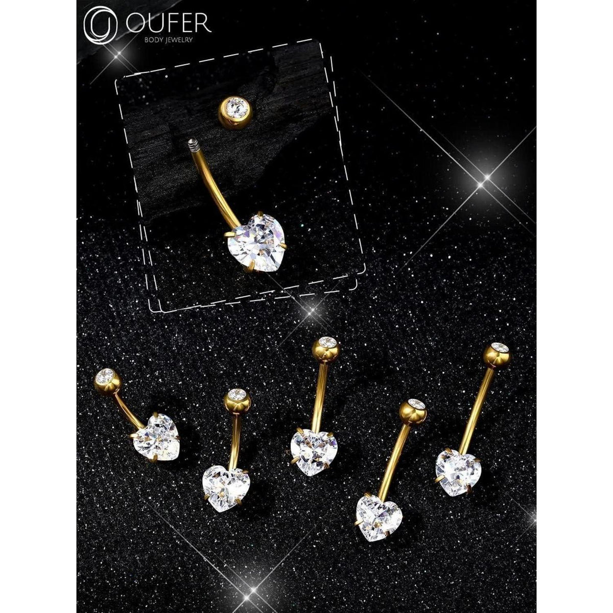Bauchnabelpiercing Titan Herz mit Zirkonia, 14mm, 1.6mm