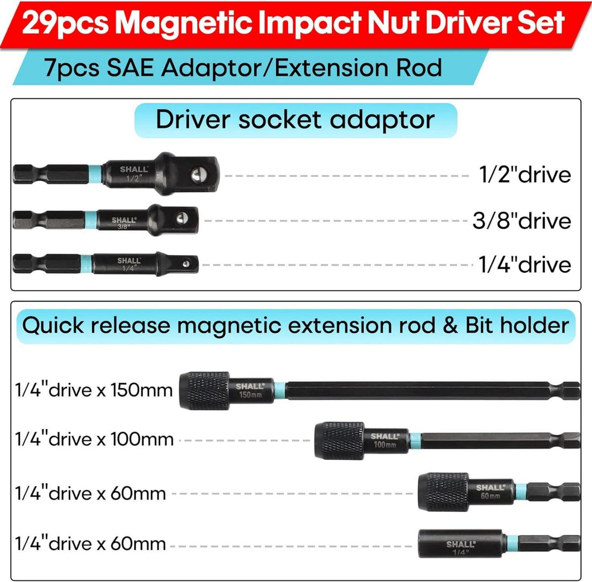 29-teiliges magnetisches Steckschlüsselset Cr-V-Stahl SAE metrisch mit
