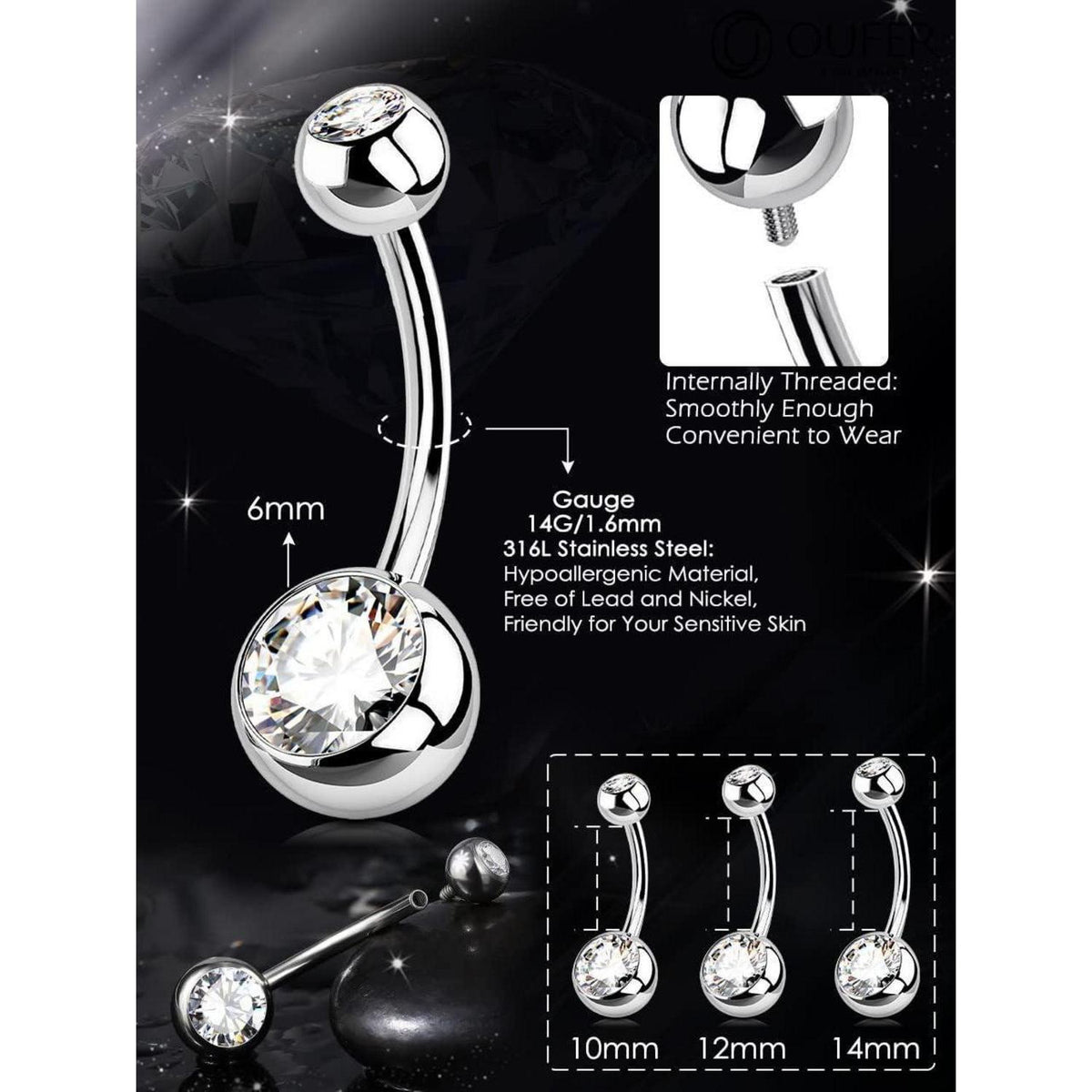 Bauchnabelpiercing Edelstahl extra lang mit Zirkonia 10-16mm