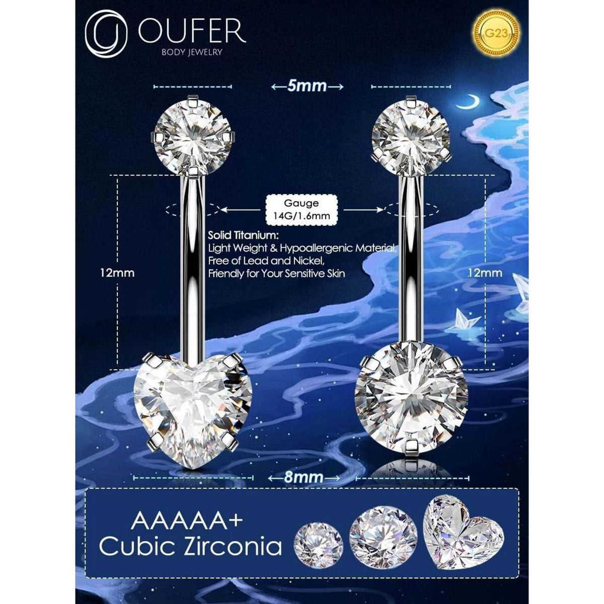 Bauchnabelpiercing Titan 12mm Extra Lang 14G mit Zirkonia Herz