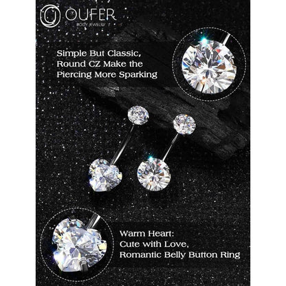 Bauchnabelpiercing Titan 12mm Extra Lang 14G mit Zirkonia Herz