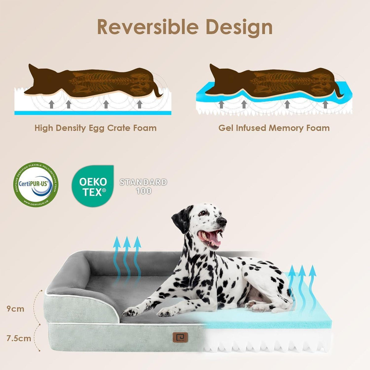 Orthopädisches Hundebett XL mit Memory Foam, waschbar, gräuliches Grün