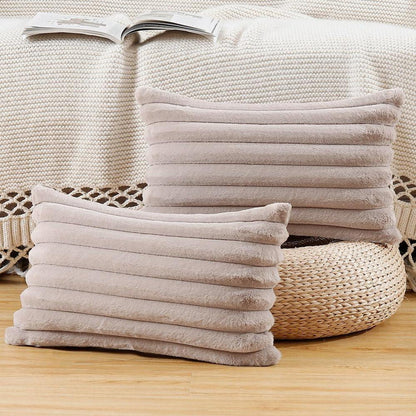 2er Set Kunstpelz Kissenbezüge Flauschig Taupe 30x50 & 50x30 cm