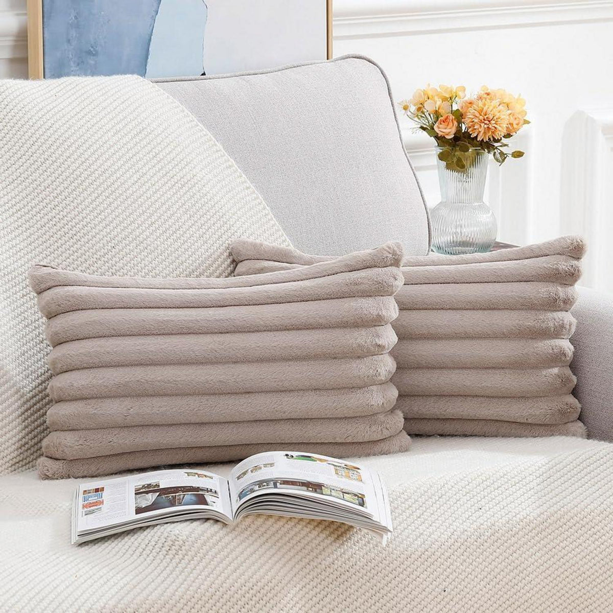 2er Set Kunstpelz Kissenbezüge Flauschig Taupe 30x50 & 50x30 cm
