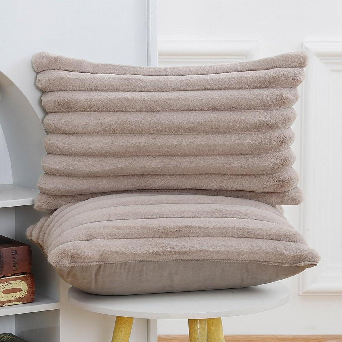 2er Set Kunstpelz Kissenbezüge Flauschig Taupe 30x50 & 50x30 cm