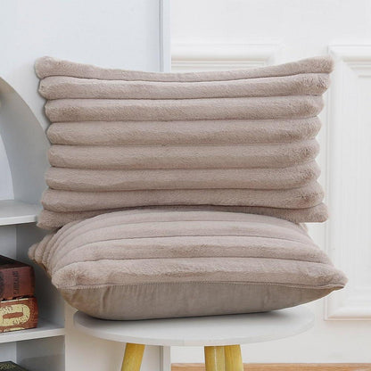 2er Set Kunstpelz Kissenbezüge Flauschig Taupe 30x50 & 50x30 cm
