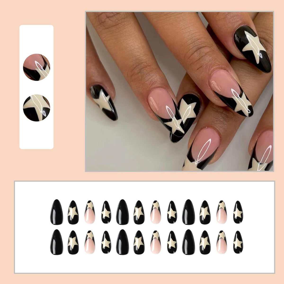 24 Stück Schwarz Weiß Mandel Press On Nails Mittel Acryl