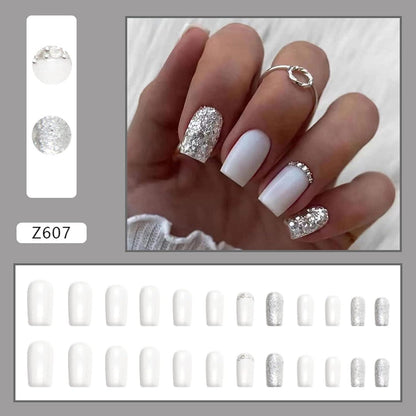 24 Stück Eckig Weiß Glitzer Künstliche Falsche Nägel Zum