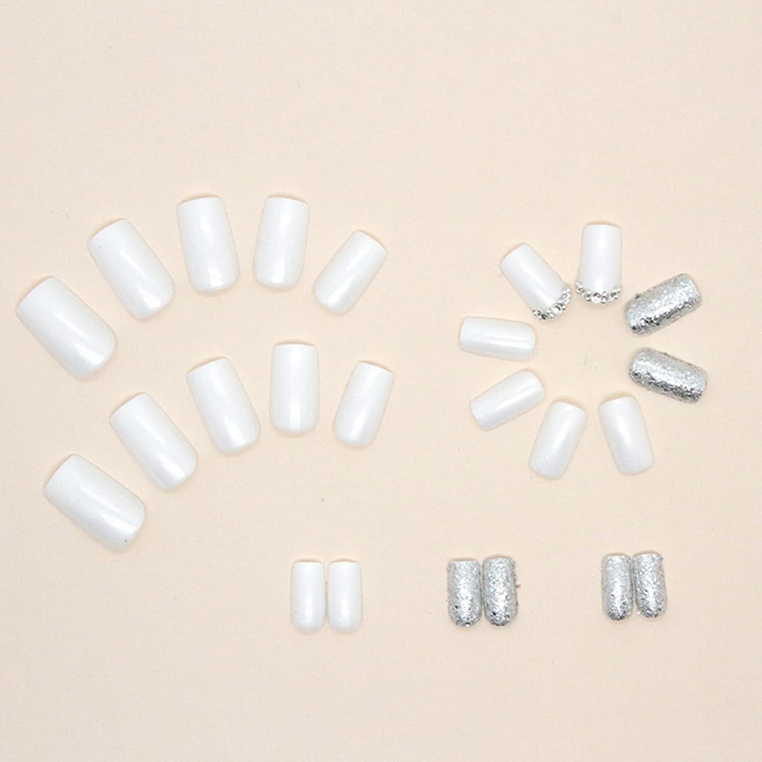 24er Set Eckige Weiße Künstliche Nägel mit Glitzer - DIY Nageldesign