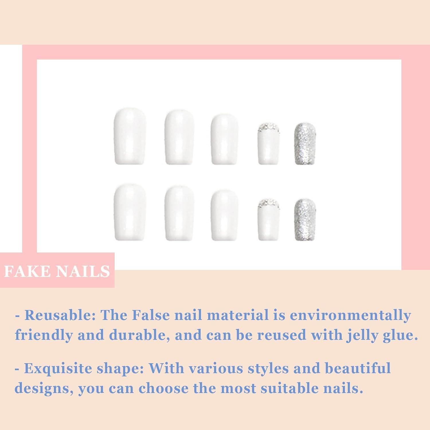 24 Stück Weiße Falsche Nägel, Künstliche Eckige French Tip Nägel, Glitzer Square Nails