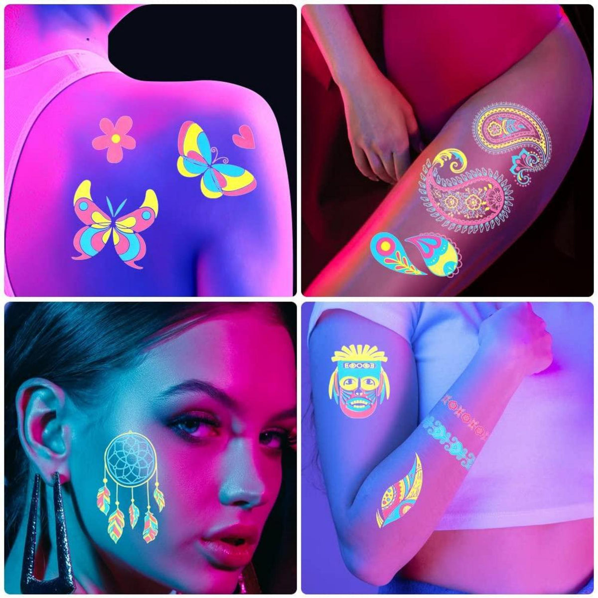 ACWOO Neon Tattoos 9 Blätter UV Body & Face Painting Temporäre Klebetattoos